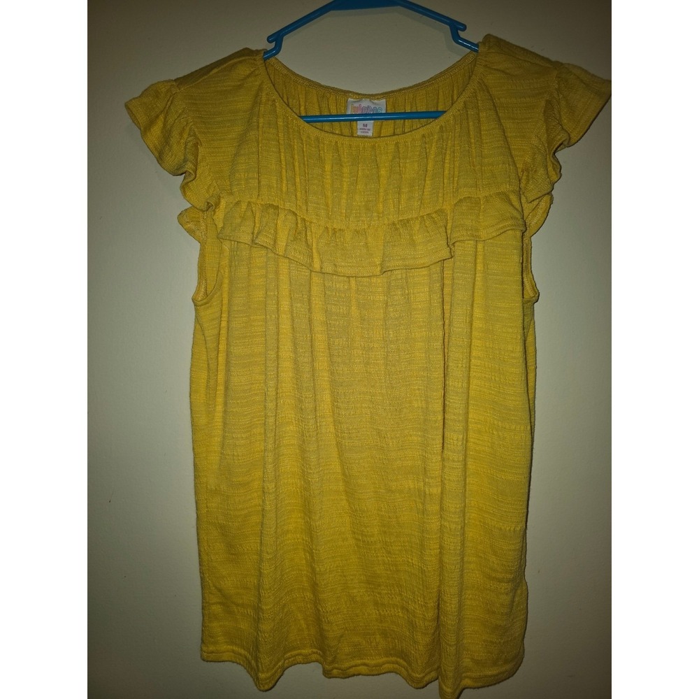 LulaRoe Yellow Ruffle Short Sleeve Textured Knit Blouse Womens Medium Scoop Neck